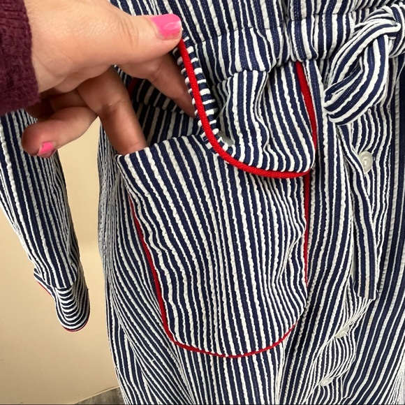 Vintage | Blue White Striped Long Sleeved Dress Red Piping - Picture 4 of 6